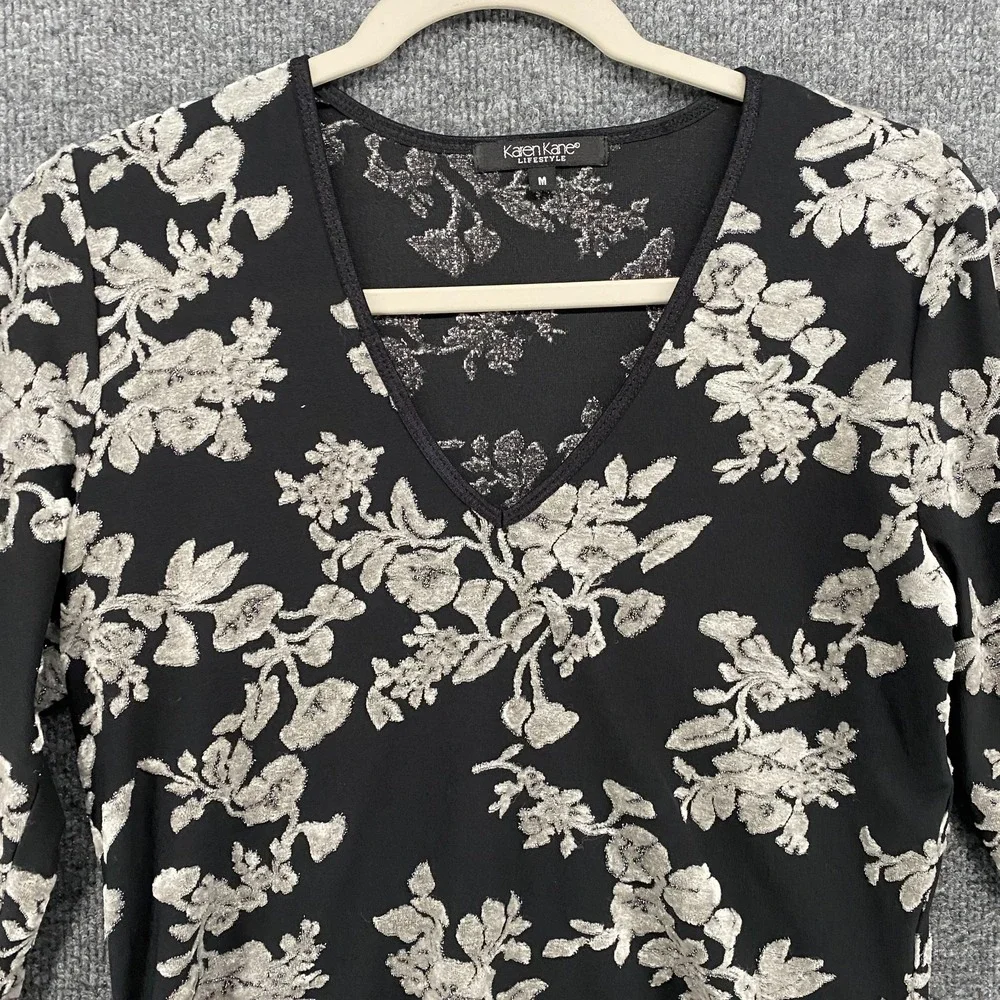 Karen Kane Top Medium Black Burnout Silver V-Neck Fitted Whimsigoth Fairy Grunge - Picture 2 of 8